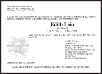 Traueranzeige von Edith Lein von Giessener Allgemeine, Alsfelder Allgemeine