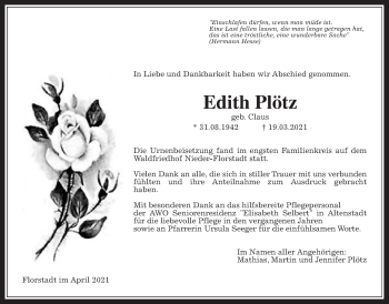 Traueranzeige von Edith Plötz von Wetterauer Zeitung