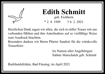 Traueranzeige von Edith Schmitt von Giessener Allgemeine, Alsfelder Allgemeine