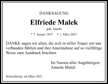 Traueranzeige von Elfriede Malek von Wetterauer Zeitung