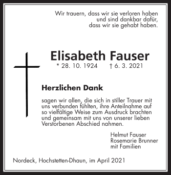 Traueranzeige von Elisabeth Fauser von Allendorfer Mitteilungen
