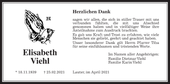 Traueranzeige von Elisabeth Viehl von Giessener Allgemeine, Alsfelder Allgemeine