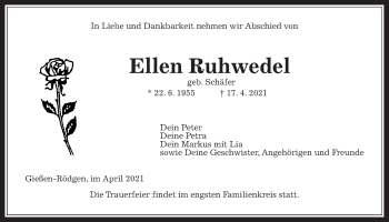 Traueranzeige von Ellen Ruhwedel von Giessener Allgemeine, Alsfelder Allgemeine