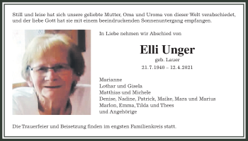 Traueranzeige von Elli Unger von Wetterauer Zeitung