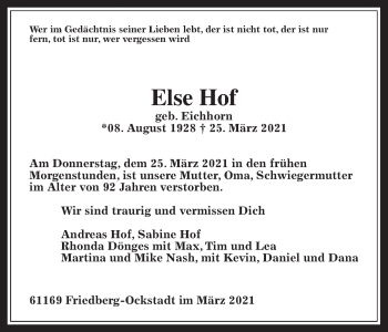 Traueranzeige von Else Hof von Wetterauer Zeitung
