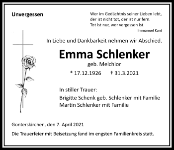 Traueranzeige von Emma Schlenker von Laubacher Anzeiger