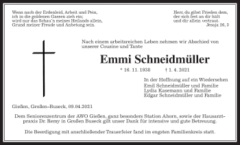 Traueranzeige von Emmi Schneidmüller von Giessener Allgemeine, Alsfelder Allgemeine