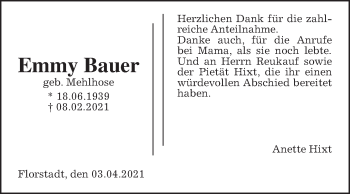 Traueranzeige von Emmy Bauer von Wetterauer Zeitung