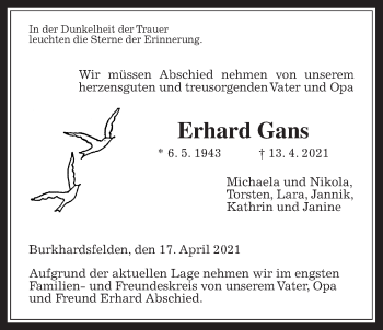 Traueranzeige von Erhard Gans von Giessener Allgemeine, Alsfelder Allgemeine