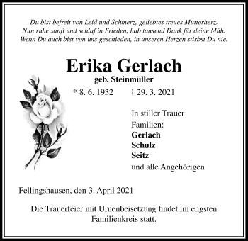 Traueranzeige von Erika Gerlach von Giessener Allgemeine, Alsfelder Allgemeine