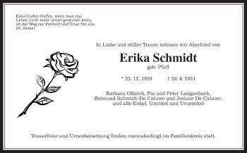 Traueranzeige von Erika Schmidt von Giessener Allgemeine, Alsfelder Allgemeine