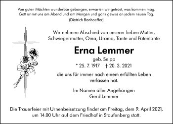 Traueranzeige von Erna Lemmer von Giessener Allgemeine, Alsfelder Allgemeine