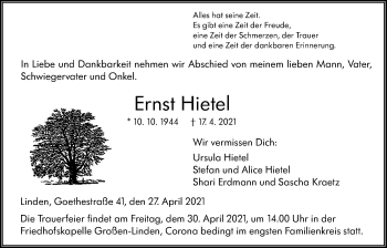 Traueranzeige von Ernst Hietel von Giessener Allgemeine, Alsfelder Allgemeine