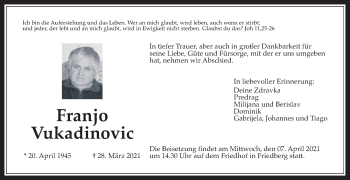 Traueranzeige von Franjo Vukadinovic von Wetterauer Zeitung
