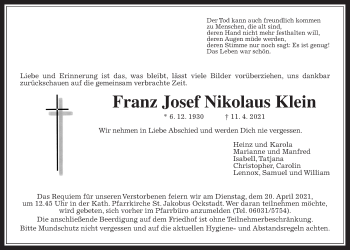 Traueranzeige von Franz Josef Nikolaus Klein von Wetterauer Zeitung