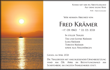 Traueranzeige von Fred Krämer von Licher Wochenblatt