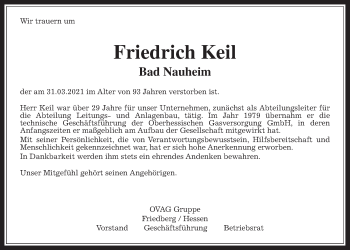 Traueranzeige von Friedrich Keil von Wetterauer Zeitung