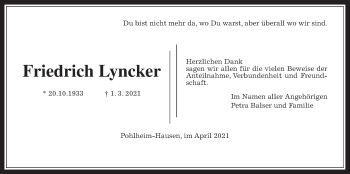 Traueranzeige von Friedrich Lyncker von Giessener Allgemeine, Alsfelder Allgemeine