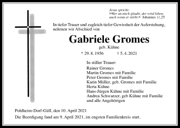 Traueranzeige von Gabriele Gromes von Giessener Allgemeine, Alsfelder Allgemeine