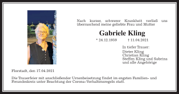 Traueranzeige von Gabriele Kling von Wetterauer Zeitung