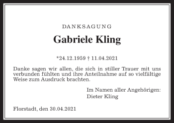 Traueranzeige von Gabriele Kling von Wetterauer Zeitung