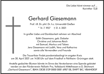 Traueranzeige von Gerhard Giesemann von Giessener Allgemeine, Alsfelder Allgemeine