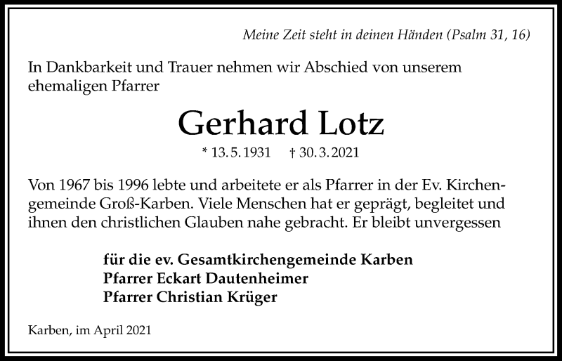  Traueranzeige für Gerhard Lotz vom 07.04.2021 aus Wetterauer Zeitung
