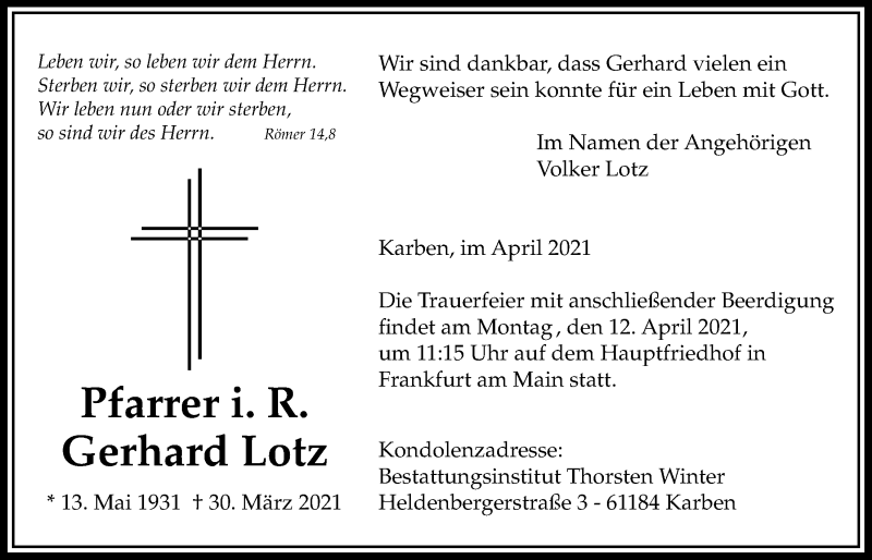  Traueranzeige für Gerhard Lotz vom 07.04.2021 aus Wetterauer Zeitung