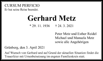 Traueranzeige von Gerhard Metz von Giessener Allgemeine, Alsfelder Allgemeine