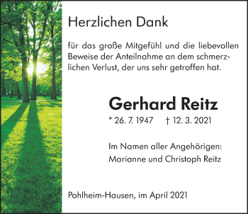 Traueranzeige von Gerhard Reitz von Giessener Allgemeine, Alsfelder Allgemeine