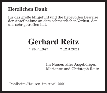 Traueranzeige von Gerhard Reitz von Pohlheimer Nachrichten