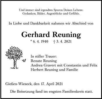 Traueranzeige von Gerhard Reuning von Giessener Allgemeine, Alsfelder Allgemeine