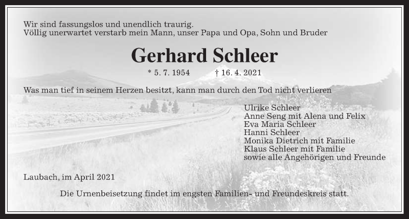  Traueranzeige für Gerhard Schleer vom 28.04.2021 aus Giessener Allgemeine, Alsfelder Allgemeine
