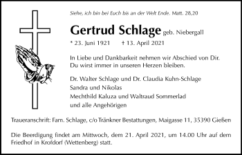 Traueranzeige von Gertrud Schlage von Giessener Allgemeine, Alsfelder Allgemeine