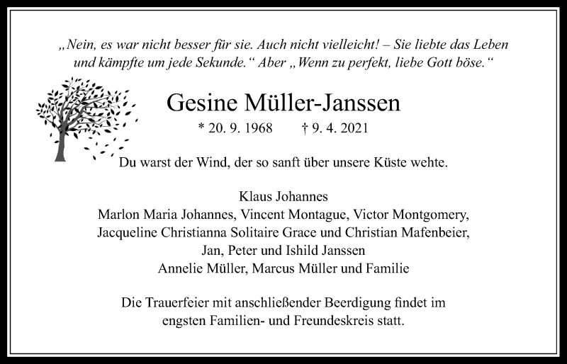  Traueranzeige für Gesine Müller-Janssen vom 15.04.2021 aus Bad Vilbel/Karben