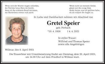 Traueranzeige von Gretel Speier von Giessener Allgemeine, Alsfelder Allgemeine