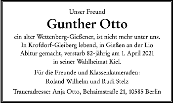 Traueranzeige von Gunther Otto von Giessener Allgemeine, Alsfelder Allgemeine