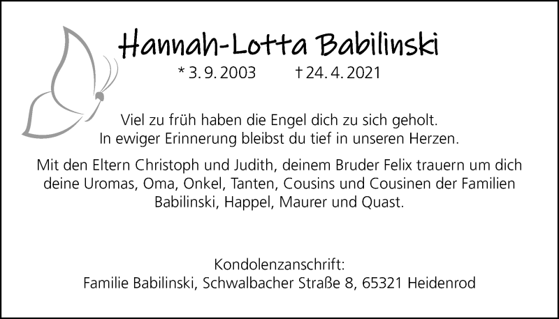  Traueranzeige für Hannah-Lotta Babilinski vom 29.04.2021 aus Licher Wochenblatt