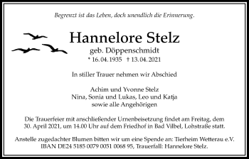 Traueranzeige von Hannelore Stelz von Bad Vilbel/Karben