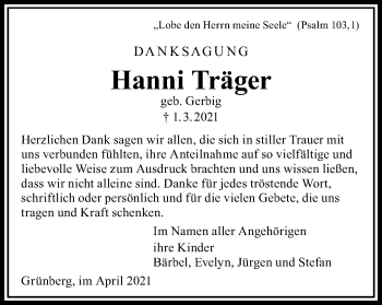 Traueranzeige von Hanni Träger von Giessener Allgemeine, Alsfelder Allgemeine