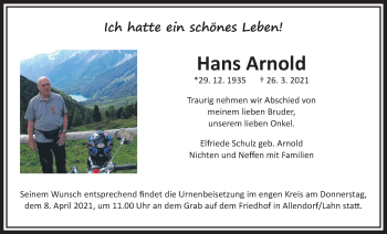 Traueranzeige von Hans Arnold von Giessener Allgemeine, Alsfelder Allgemeine