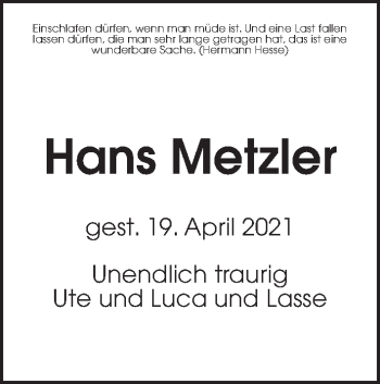 Traueranzeige von Hans-Jürgen Metzler von Giessener Allgemeine, Alsfelder Allgemeine