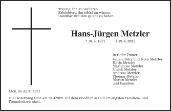 Traueranzeige von Hans-Jürgen Metzler von Wetterauer Zeitung, Giessener Allgemeine, Alsfelder Allgemeine