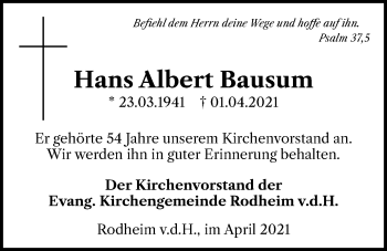 Traueranzeige von Hans Albert Bausum von Wetterauer Zeitung