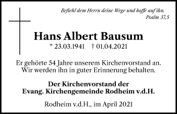 Traueranzeige von Hans Albert Bausum von Wetterauer Zeitung
