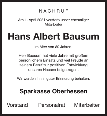 Traueranzeige von Hans Albert Bausum von Wetterauer Zeitung