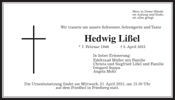 Traueranzeige von Hedwig Lißel von Wetterauer Zeitung