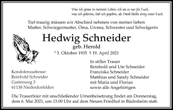 Traueranzeige von Hedwig Schneider von Bad Vilbel/Karben
