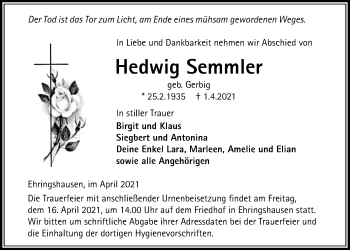 Traueranzeige von Hedwig Semmler von Alsfelder Allgemeine