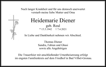 Traueranzeige von Heidemarie Diener von Bad Vilbel/Karben